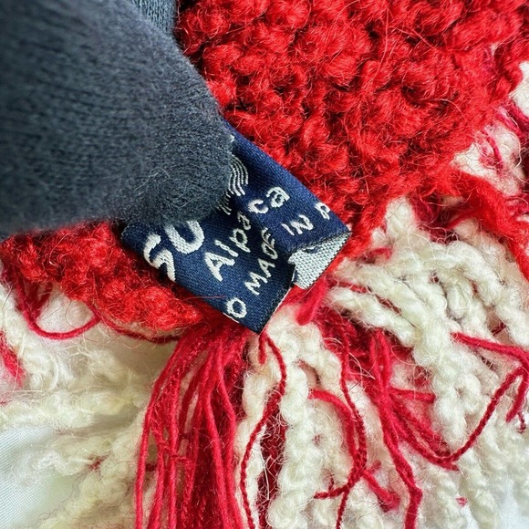 Yusu Tex 100% Alpaca Handmade Knitted Tassel Red White Beanie Mohawk Fringe - Picture 6 of 13